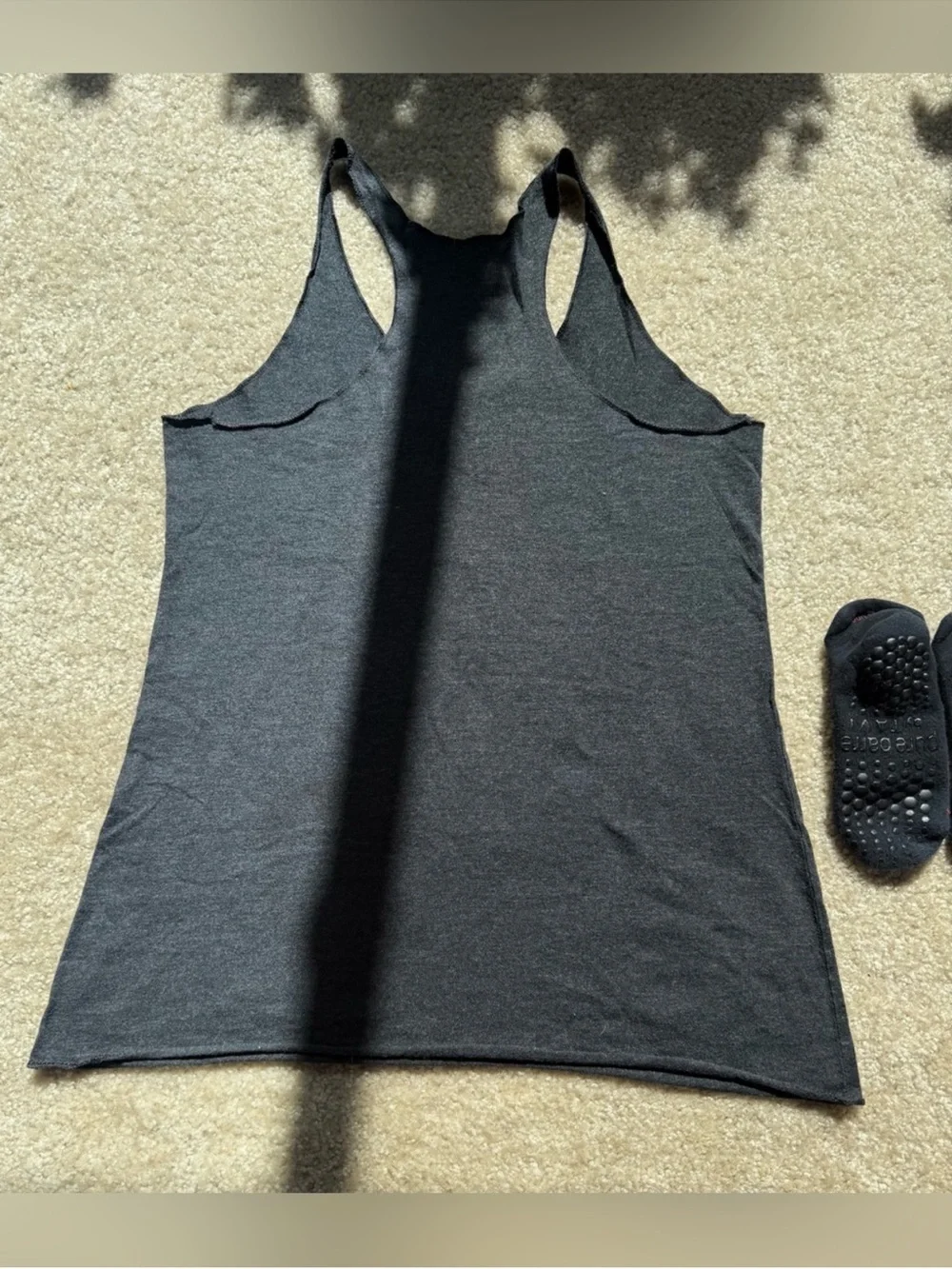 Pure Barre Dark Gray Racerback Tank Top and Black Grips for Women.